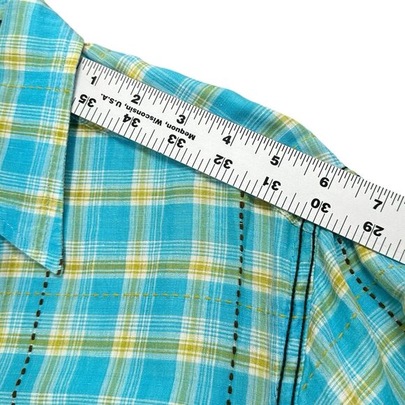 DDC Lab Button Down Shirt Mens Medium Internal Pocket Plaid Blue Mustard White - Picture 6 of 13